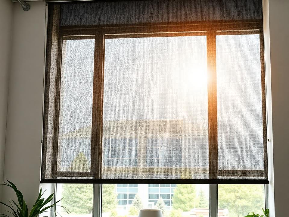 Tela solar screen com vista externa preservada em escritório